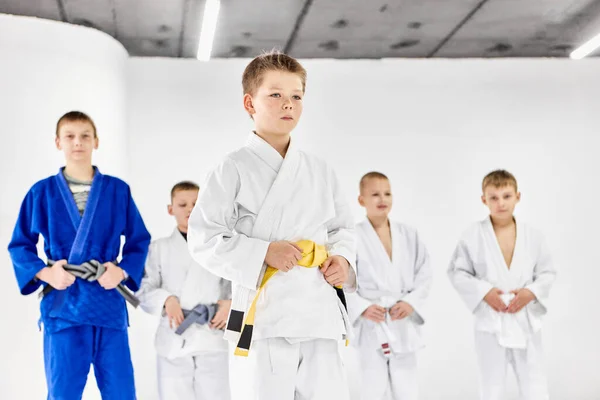 男孩的肖像 穿着和服的孩子 柔道运动员摆出严肃的表情 武术概念 格斗运动 体育教育 业余爱好 — 图库照片