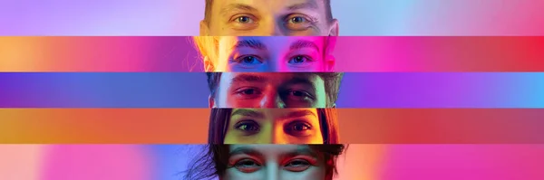 Collage. Smiling look. Human eyes places in narrow stripes of multicolored background in neon light. Different people. Concept of human diversity, emotions, equality, human rights, youth
