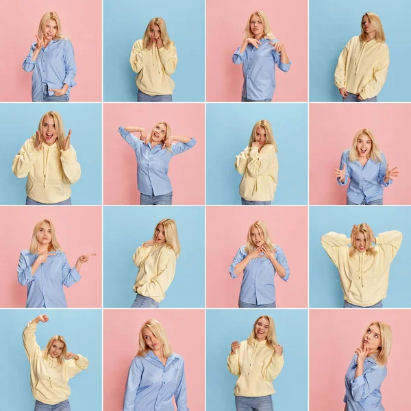 Collage. Diversity of emotions. Portrait of young blonde woman posing in hoodie and shirt over pink blue studio background. Concept of facial expression, fashion, lifestyle, inspiration, sales, ad