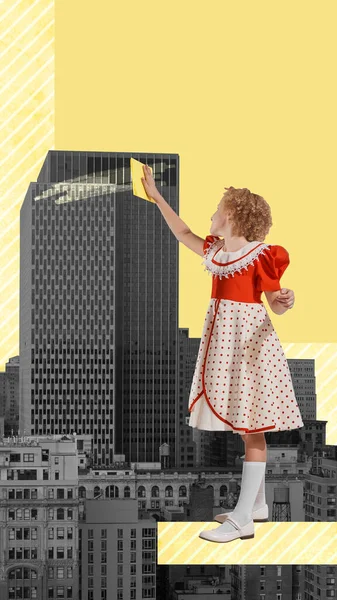 Contemporary art collage. Creative abstract design. Little girl, child cleaning giant skyscraper, building. Big city architecture. Concept of childhood, dreams, surrealism. Retro style