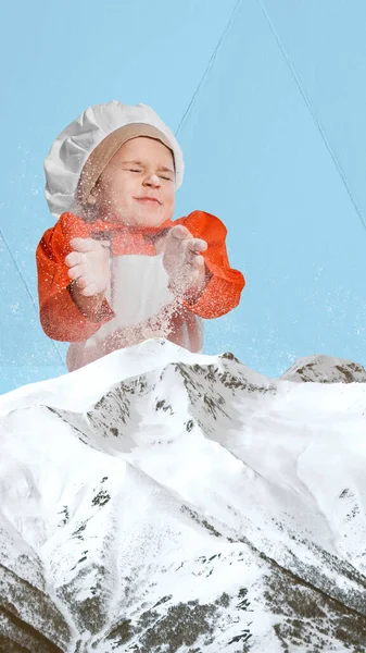 Contemporary art collage. Creative abstract design. Little girl, child in flour appearing over snowy mountain view. Concept of childhood, dreams, surrealism. Retro style. Nature landscape