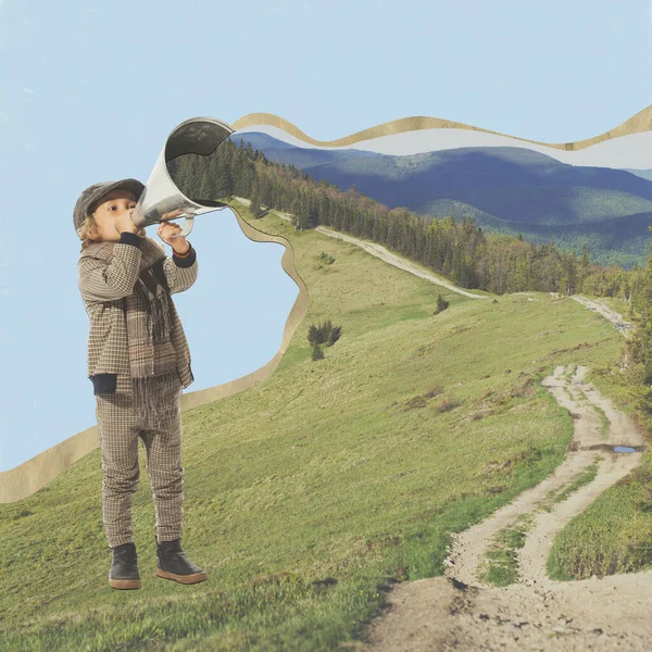 Contemporary art collage. Creative abstract design. Stylish little boy shouting in megaphone and opening beautiful view of mountain landscape. Concept of childhood, dreams, surrealism. Retro style