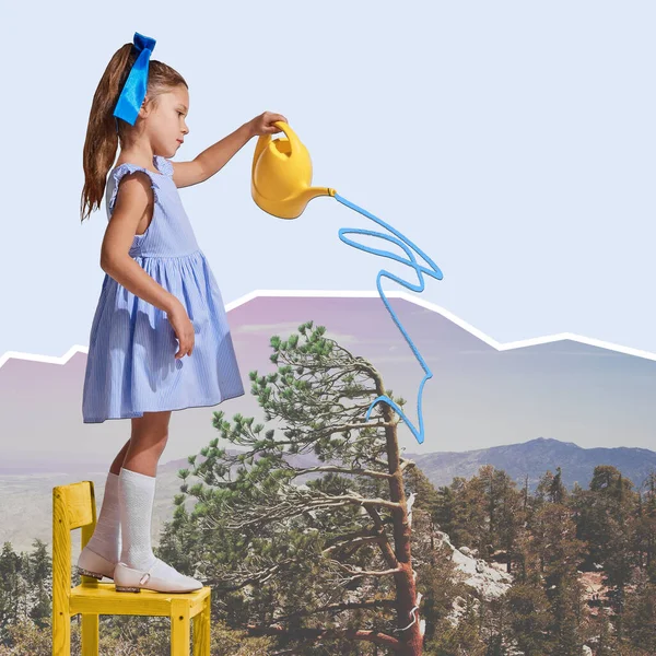 Contemporary art collage. Creative abstract design. Cute little girl standing on chair and watering trees over mountain background. Concept of childhood, dreams, surrealism. Retro style