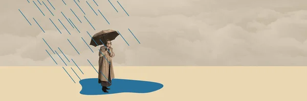 Creative design in retro style. Contemporary art collage. Senior woman in coat standing with umbrella under rain. Feeling sad. Emotions. Loneliness. Surrealism, creativity, inspiration, imagination