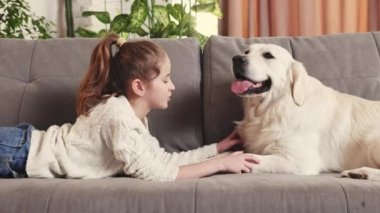 Little girl lying on sofa with beautiful purebred golden retriever dog in living room. Taking care after pet, relaxation. Concept of family, childhood, pets, care, friendship, emotions. leisure