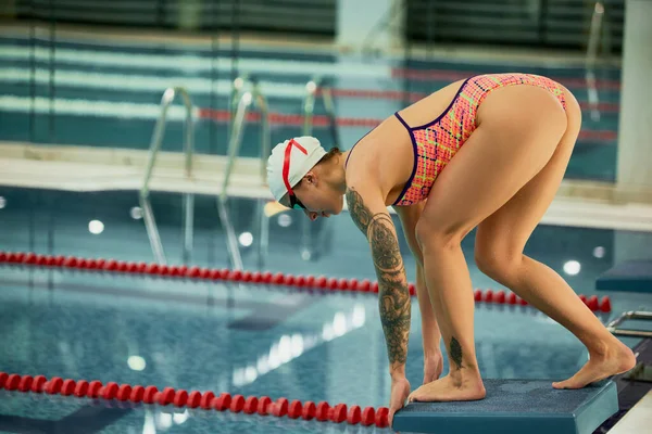 Suya Dalmak Yüzme Havuzunda Yüzme Eğitimi Almış Profesyonel Bir Bayan — Stok fotoğraf