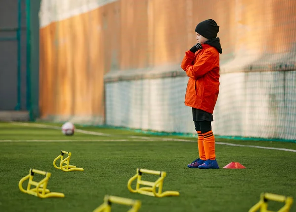 Little Boy Child Football Player Uniform Standing Sports Field Equipment —  Fotos de Stock