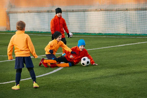 Playful Competitive Kids Group Boys Children Football Players Uniform Motion — Stock Photo, Image