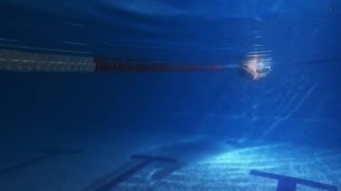 Front crawl. Young woman, professional swimmer in goggles and cap training, swimming in pool indoors. Underwater view. Concept of sport, endurance, competition, energy, healthy lifestyle