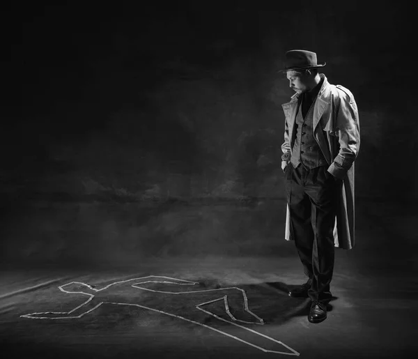 Black White Noir Photography Man Detective Hat Trench Coat Looking — Foto de Stock