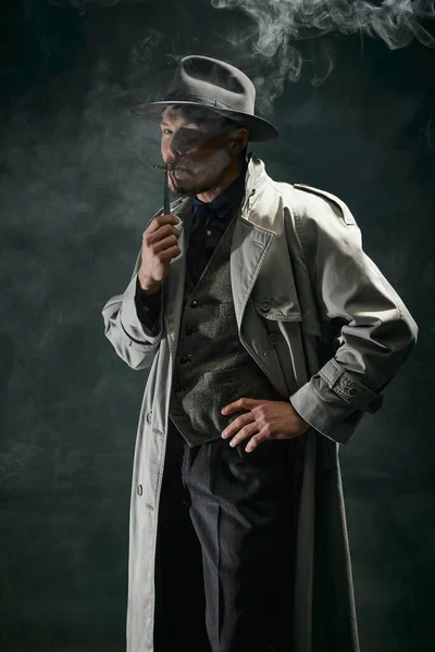 Portrait Man Detective Trench Coat Fedora Hat Posing Serious Face — Stockfoto