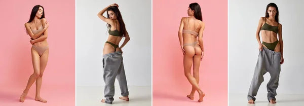 Collage Full Length Portraits Beautiful Young Brunette Girl Posing Underwear — Zdjęcie stockowe
