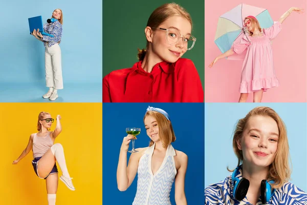 Collage Portretten Van Mooie Jonge Positieve Meisje Poseren Veelkleurige Studio — Stockfoto