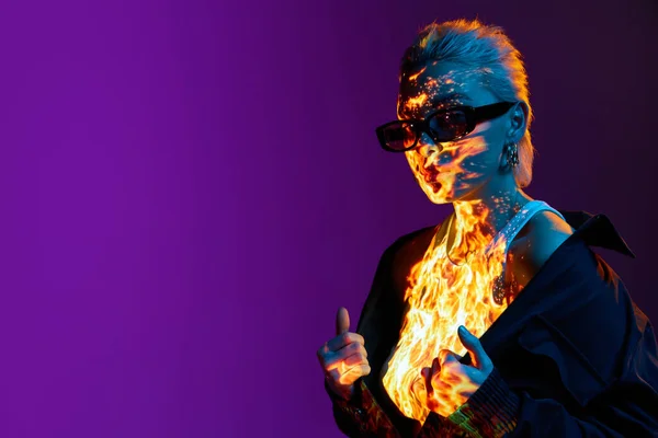 Surrealism Portrait Young Blonde Girl Digital Burning Fire Body Posing — Stock Photo, Image