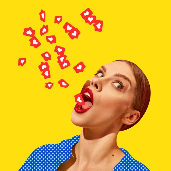Young woman emotionally eating social media likes over vivid yellow background. Contemporary art collage. Social media influence, creativity and inspiration. Complementary colors. Magazine style