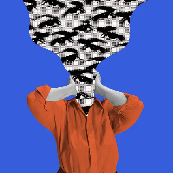 Contemporary Art Collage Woman Holding Endless Flow Head Many Human — Φωτογραφία Αρχείου
