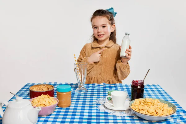 Cute Beautiful Little Girl Having Yummy Breakfast Cereal Posing Grey — Zdjęcie stockowe