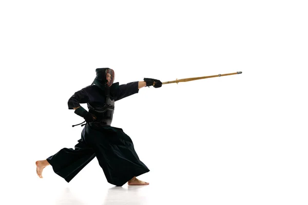Man Professional Kendo Athlete Black Uniform Sword Shinai Training White — Stock Photo, Image