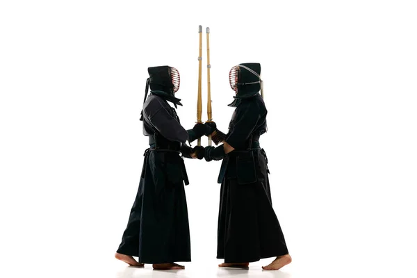 Full Length Image Two Men Professional Kendo Fighter Athletes Black — Stock Photo, Image