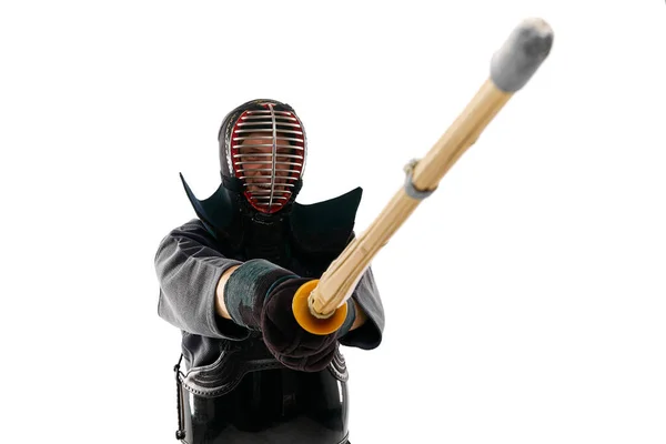 Fighter Portrait Man Professional Kendo Athlete Uniform Posing Shinai Sword — Stock Photo, Image
