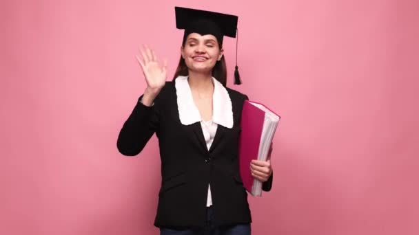 Graduation Happy Excited Young Woman Student Graduation Costume Getting Diploma — Stock Video