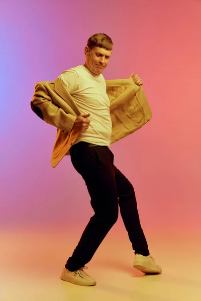 Full Length Portrait Mature Middle Aged Man Jacket Posing Dancing — Stock Photo, Image