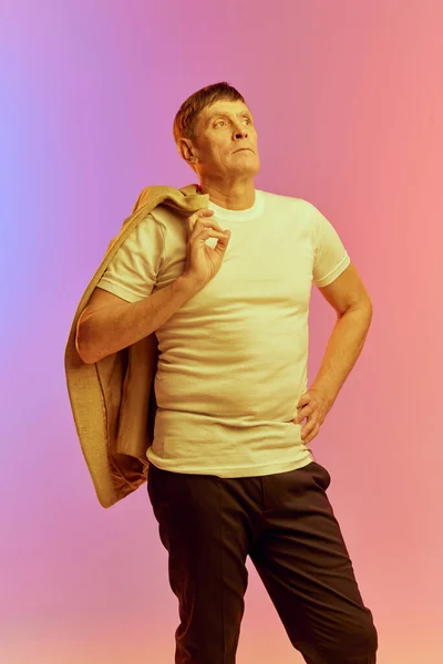 Stylish Casual Look Portrait Mature Middle Aged Man Jacket Posing — Stock Photo, Image
