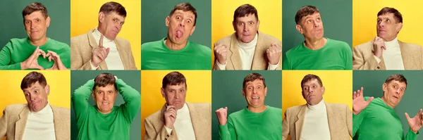 Collage Portraits Mature Middle Aged Man Posing Different Emotions Green — Stock Photo, Image