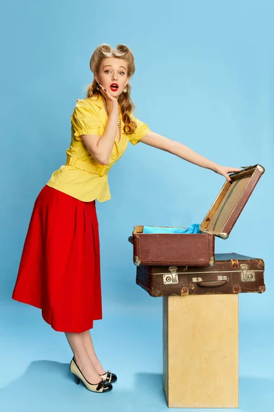 Beautiful Young Girl Yellow Blouse Red Skirt Posing Shocked Face — Stock Photo, Image