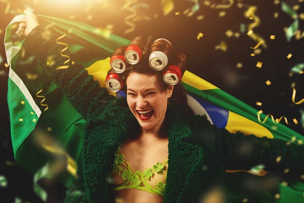 Happy Emotional Woman Fan Cheering Favorite Brazil Football Soccer Team — Stock Photo, Image