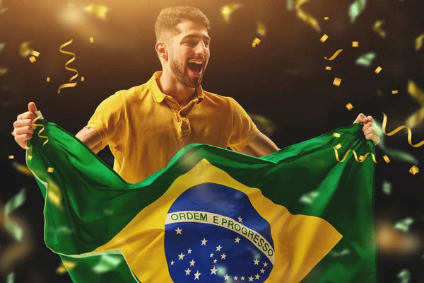 Young Happy Man Soccer Fan Emotionally Cheering Favourite Brazil Football — Stock Photo, Image