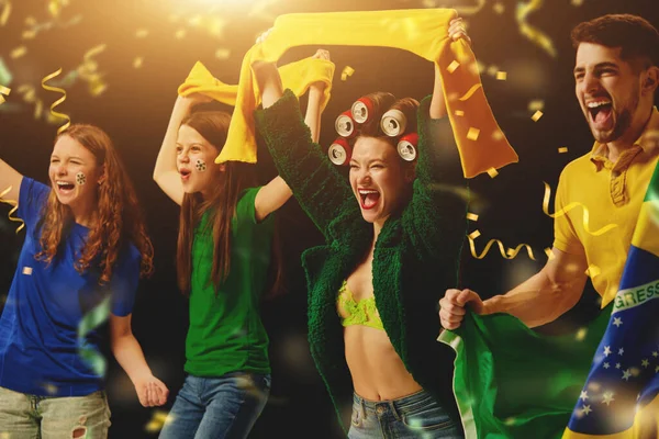 Young Happy People Sport Fans Emotionally Shouting Cheering Brazil Football — Stock Photo, Image