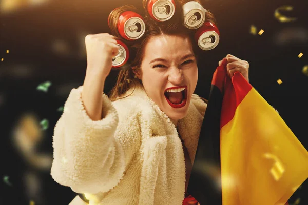 Success Win Happy Emotional Woman Fan Cheering Favorite German Football — Stock Photo, Image