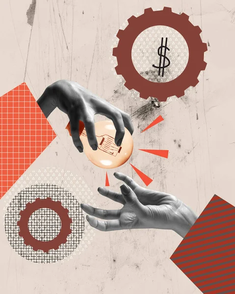 Hedendaagse Kunst Collage Conceptueel Ontwerp Menselijke Handen Die Een Gloeilamp — Stockfoto