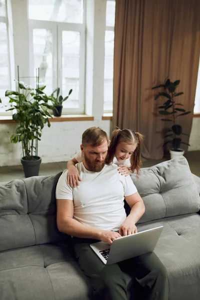 Mature Man Father Sitting Sofa Working Laptop Remotely Home His — Stock Photo, Image