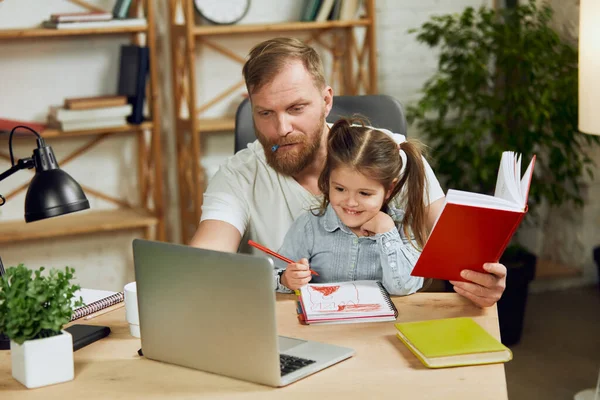 Mature Man Father Sitting Table Working Laptop Remotely Home His — Stock Photo, Image