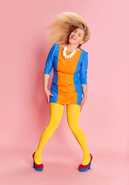 Full Length Portrait Happy Smiling Woman Colorful Clothes Yellow Tights — Stock Photo, Image