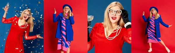 Collage Porträts Emotionaler Frauen Die Verschiedenen Outfits Vor Buntem Studiohintergrund — Stockfoto