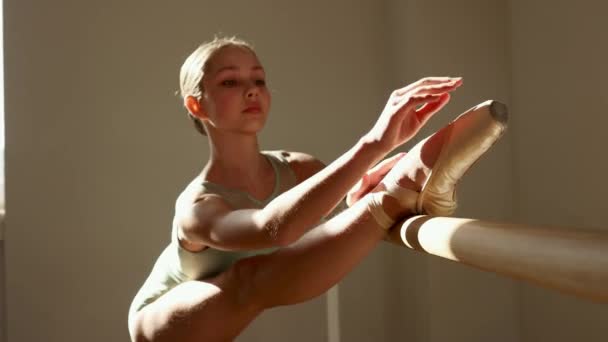 Beautiful Teen Girl Ballet Dancer Training Doing Stretching Ballet Barre — Wideo stockowe