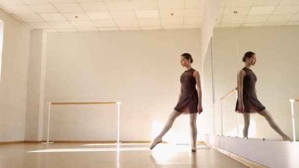 Vacker Tonårstjej Balettdansträning Dans Pointe Dansskola Med Balettbarr Dagtid Med — Stockvideo