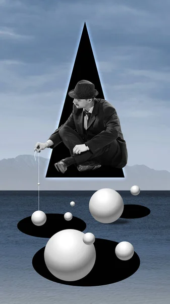 Contemporary art collage. Surreal design in futuristic style. Man, gentleman sitting at illusion triangle and catching abstract elements. Dreams and fantasy. Concept of surrealism. Magazine style