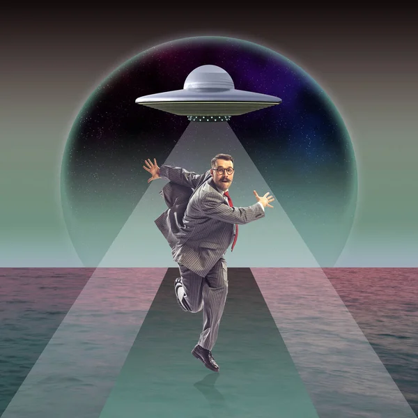 Surreal Design Futuristic Style Contemporary Art Collage Businessman Running Away Stock Image