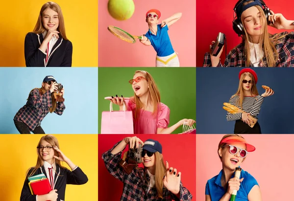 Collage Porträts Von Schönen Jungen Mädchen Posieren Verschiedenen Kleidern Vor — Stockfoto