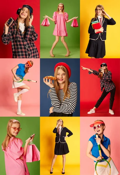 Коллаж Портреты Красивой Молодой Девушки Позирующей Разных Одеждах Многоцветном Фоне — стоковое фото