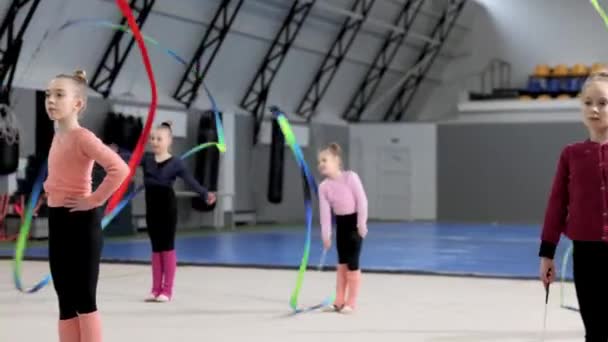 Competition Preparation Little Girl Child Rhythmic Gymnast Training Indoor Doing — Stockvideo