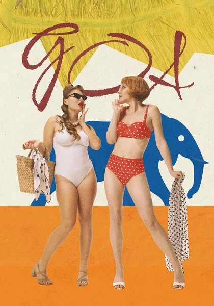콜라주 아름다운 여자들 수영복을 휴가를 떠나고 있습니다 엽서를 빈티지 스타일의 — 스톡 사진