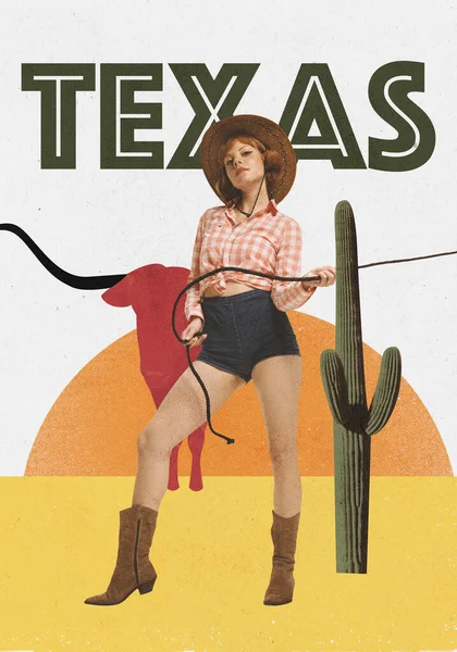 Collage Arte Contemporáneo Elegante Joven Mujer Texas Con Toro Cactus — Foto de Stock
