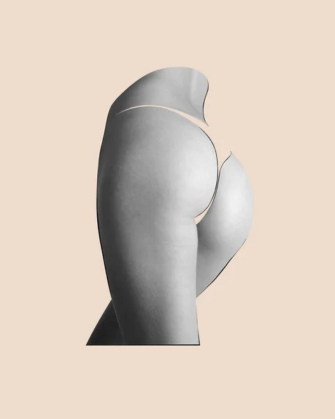 Body art, aesthetics. Human beauty. Cropped body part of female butocks isolated over light pastel background. Skincare, bodycare, healthcare concept. Female beauty as it is. Poster, banner