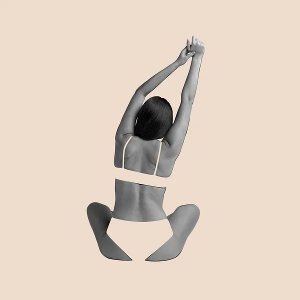 Body art, aesthetics. Human beauty. Back view of female body isolated over light pastel background. Stretching. Skincare, bodycare, healthcare concept. Female beauty as it is. Poster, banner