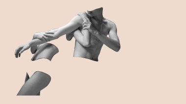 Vücut sanatı, estetik. Erkek ve kadın güzelliği. Siluetler, kadın ve erkek vücut parçaları, arka planda izole edilmiş. Cilt bakımı, vücut bakımı, sağlık hizmeti konsepti. Kadınsı bir güzelliği var. Poster, afiş